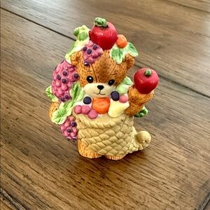 Vintage Enesco 2.5” Ceramic Bear Figurine in Cornucopia
